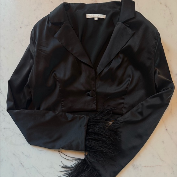 More to Come Black Satin Blazer with Feather Cuffs - Picture 1 of 4